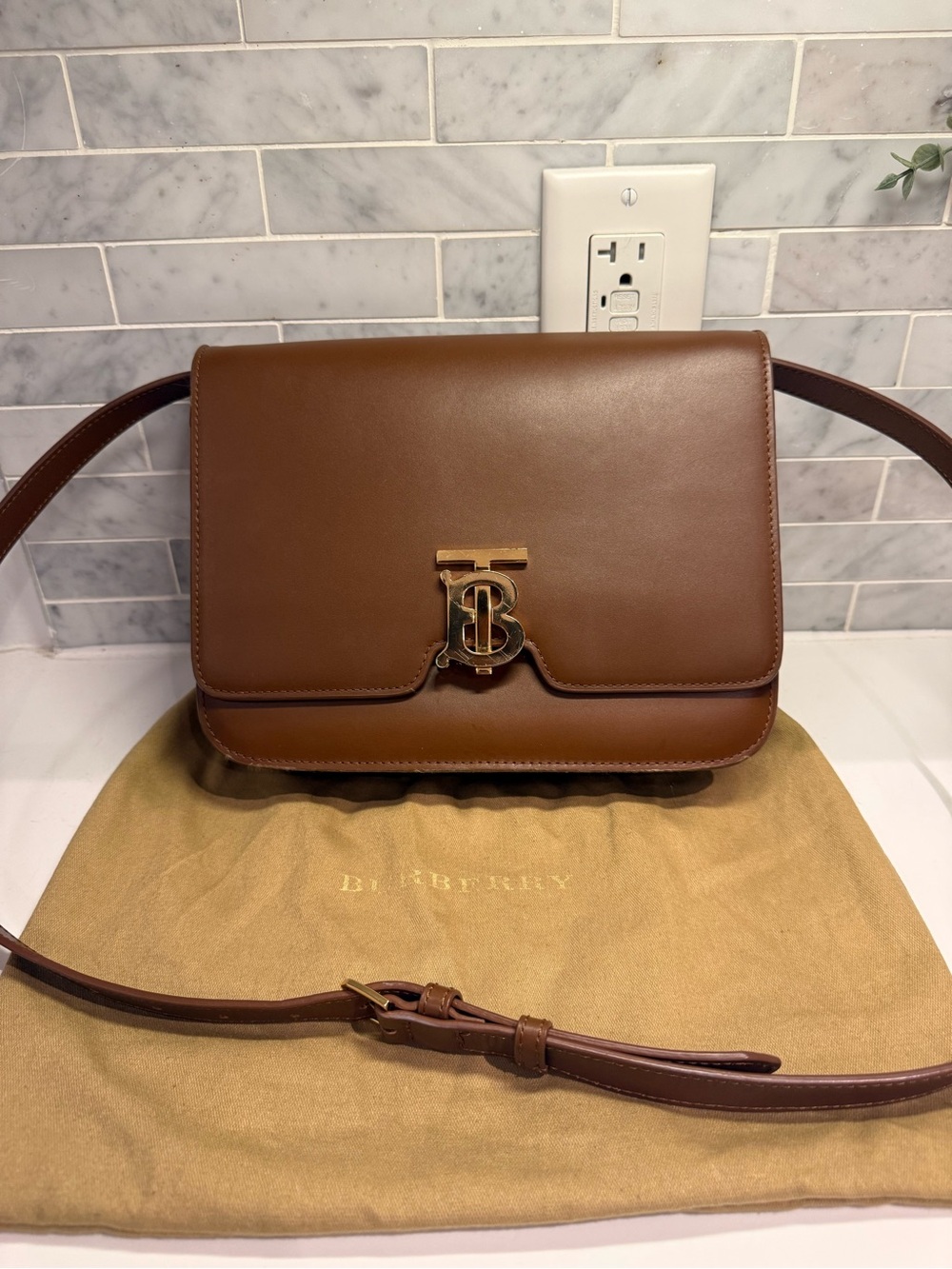Burberry Medium Brown Leather TB Monogram Crossbody Bag